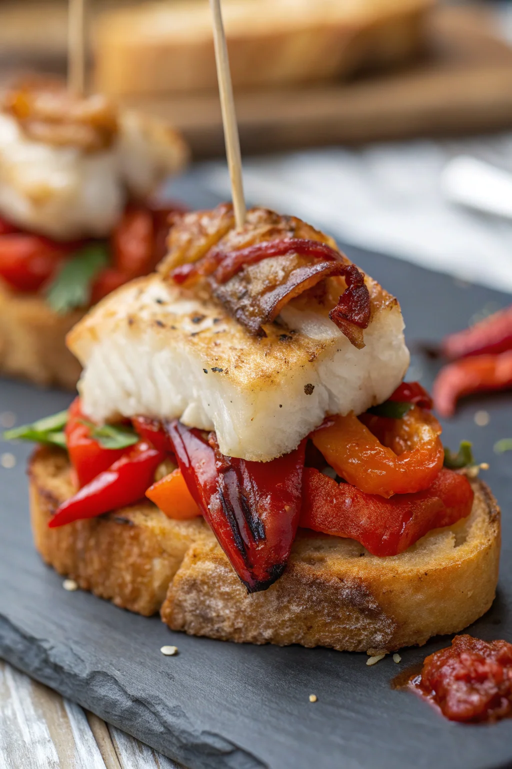 A delicious plate of pincho de bacalao ahumado con pimiento