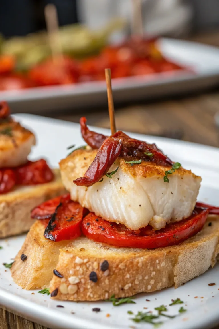 A delicious plate of pincho de bacalao ahumado con pimiento