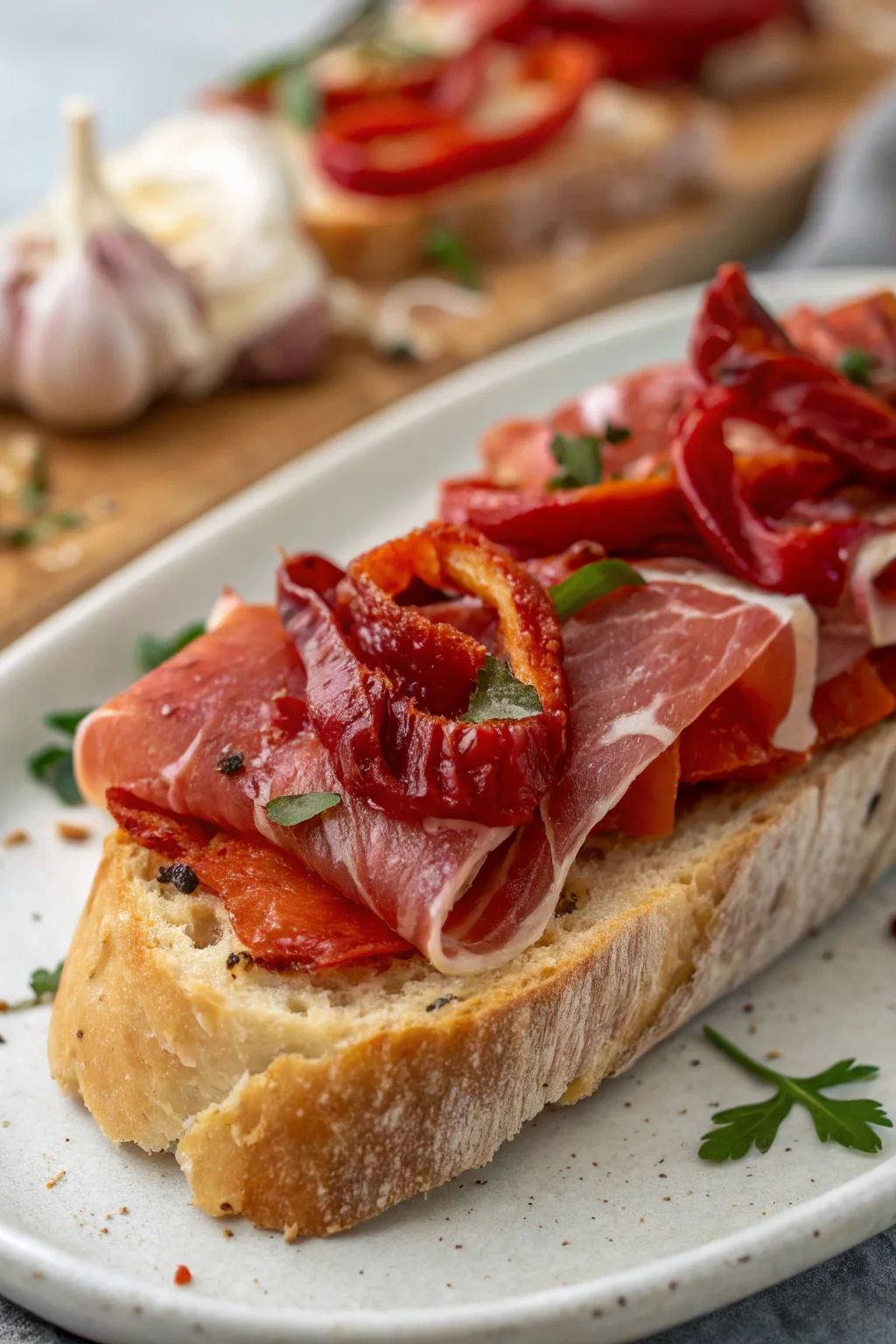 A delicious plate of montadito de lomo con pimientos del piquillo