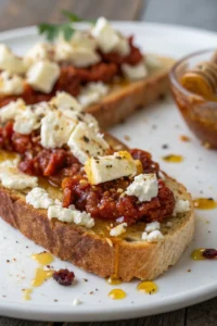 A delicious plate of tosta de sobrasada con miel y queso de cabra